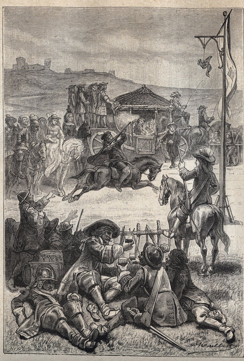 Papegøjeskydning - illustration fra det 19. århundrede til den historiske roman "The Puritans of Scotland" (Old Mortality) af Walter Scott (1771-1832) af Unknown artist