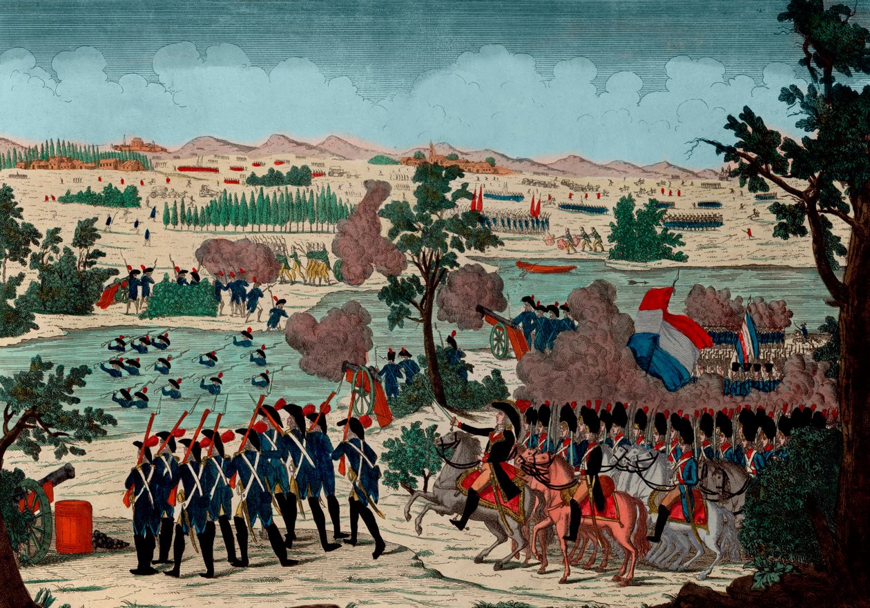 Passage af Mincio den 11. Prairialår IV (20. december 1800) af de franske grenaderer. Under øjnene af Bonaparte General en Chief - Gravering - 1800 - Slaget ved Pozzolo (også kendt som slaget ved Mincio-floden og Monzambano) - Passagen o af Unknown artist