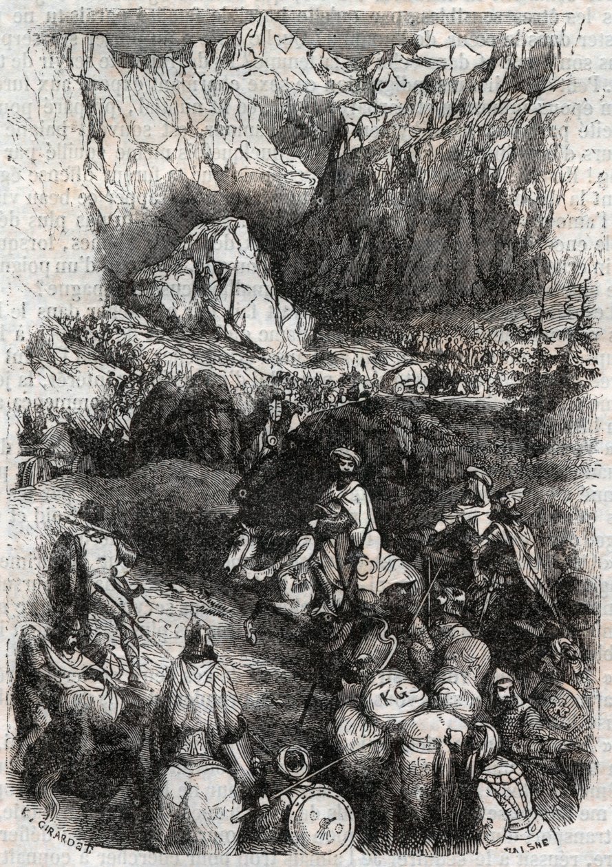 Passage af Pyrenæerne af maurerne - indgravering af 1851 fra "" Furious Roland"" (Orlando furioso) (1500-tallet) af Ludovico Ariosto, kendt som Ariosta - Udgave oversat fra italiensk af greven af Tressan og udgivet af Gustave Harvard 1851 af Unknown artist