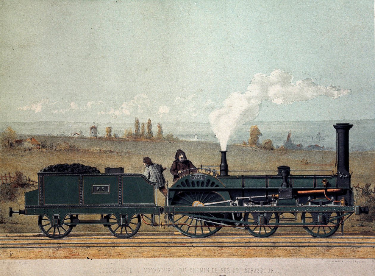 Passagerlokomotiv og kulvogn fra Strasbourg Railway (Crampton-systemet) af Unknown artist