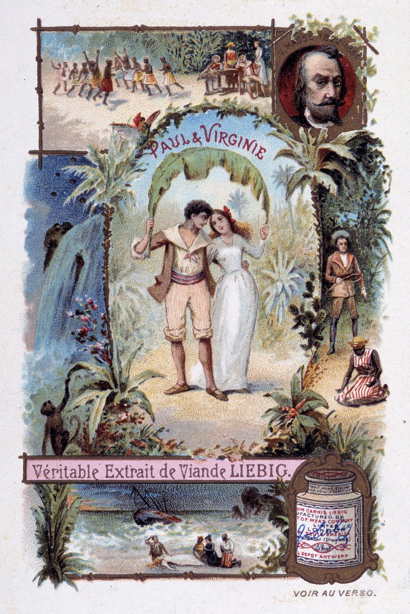 Paul og Virginia. Roman af Henri Bernardin de Saint Pierre (Saint-Pierre eller St-Pierre), fransk forfatter (1737-1814). Illustration af V. Massé - Liébig reklamevignet af Unknown artist