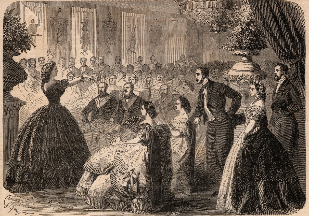 Pauline Viardot-Garcia (Viardot Garcia) (1821-1910), fransk sangerinde ved velgørenhedsfesten givet af Maconnique Lodge "La perseverante friendship" i Grand Orient of Paris. Indgravering I "" Le Monde illustrious"" fra 1862. Privat samling. af Unknown artist