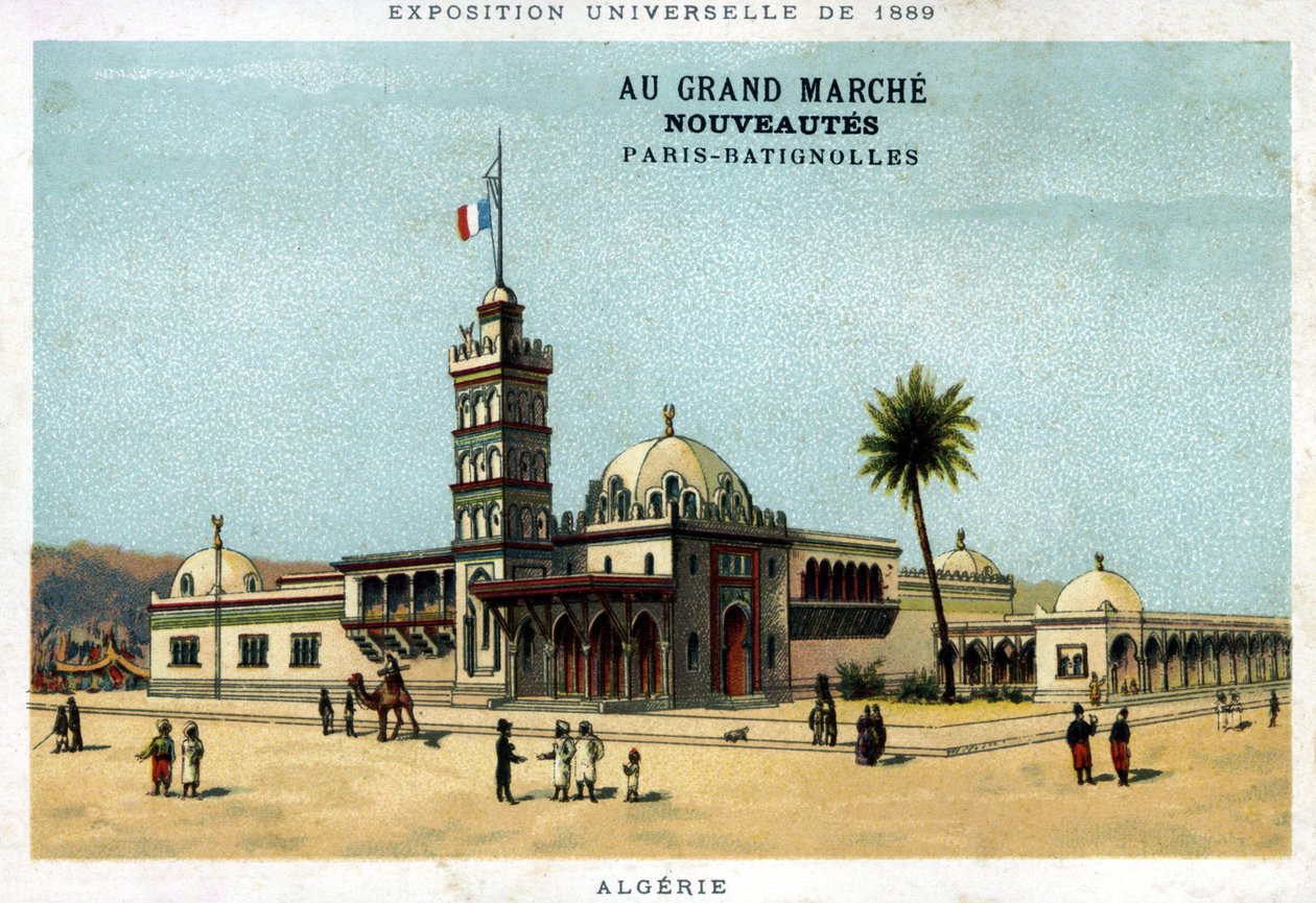 Pavillonen i Algeriet under verdensudstillingen i 1889. Pap udgivet af Grand Marché Nye produkter: Paris - Batignolles. Kromolitografi af det 19. århundrede. af Unknown artist