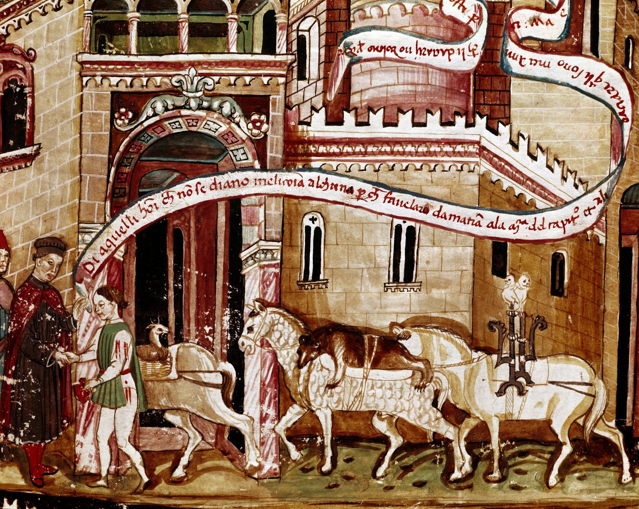 Betaling af saltafgiften ved indgangen til byen (gabelle) Miniature fra manuskriptet (Ms. H V-5) "Codex de Privileges"" af Unknown artist