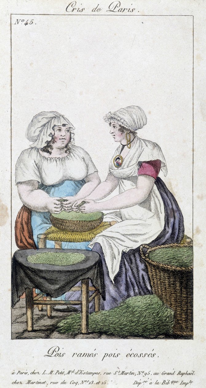 Ærtehandlere: to kvinder, der fælder ærter. "" Rækkeærter, skotske ærter" - i "" Cris de Paris"", deb. 19. århundrede af Unknown artist