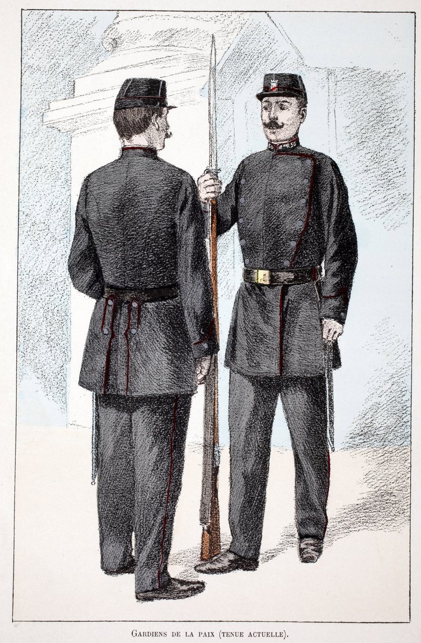 Fredsbevarende (Lepine periode). Radering i farver til illustration "" History of the corps of peacekeepers""" bog udgivet i regi af Louis Lepine (1846-1933), præfekt for politiet på Seinen, af Alfred Rey (1864-?) og Louis Feron (1862) - af Unknown artist