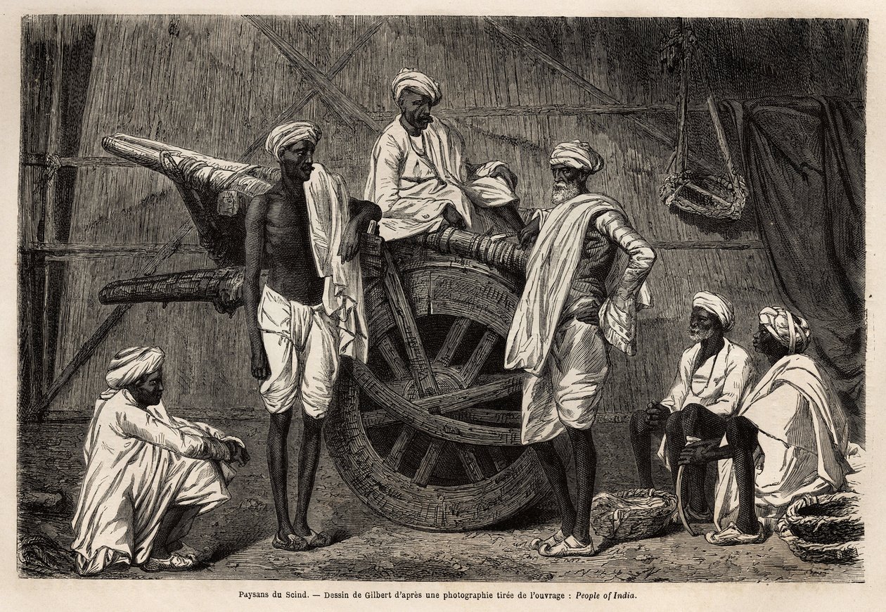 Bønder fra Scind (Punjab-regionen, Indien), ved siden af deres landbrugsmaskiner. Indgravering til illustration af rejsen til Pandjab og Kashmir, historie af Guillaume Lejean, i 1866, offentliggjort i "Le tour du monde, nouveau journal des voyages", under  af Unknown artist