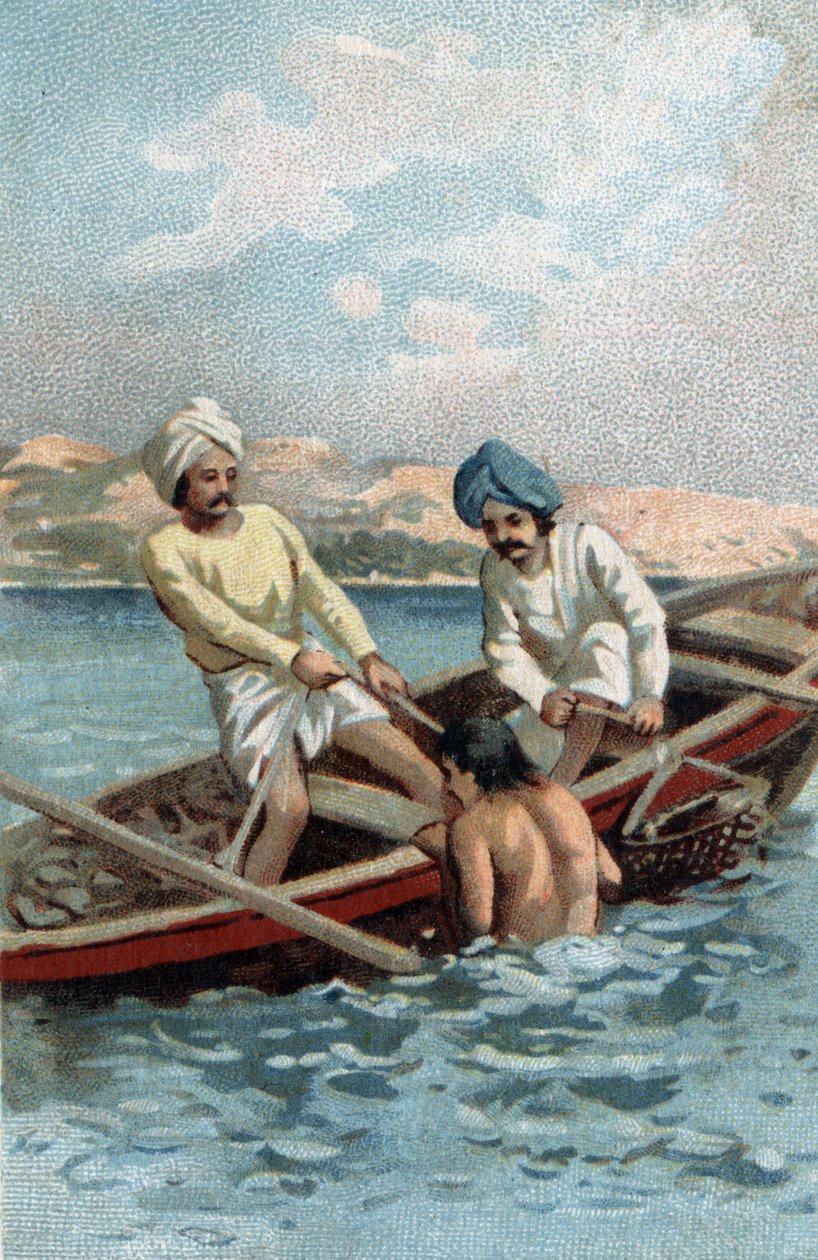 Pecheurs af perleøsters på Ceylon. Kromolitografi i slutningen af det 19. århundrede. af Unknown artist
