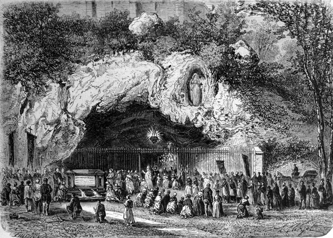 Pelerins foran den mirakuløse grotte Lourdes i de høje Pyrenæer, hvor Jomfruen viste sig for Bernadette Soubirous (1844-1879) i 1858, det nuværende pilgrimssted. Indgravering af det 19. århundrede af Unknown artist