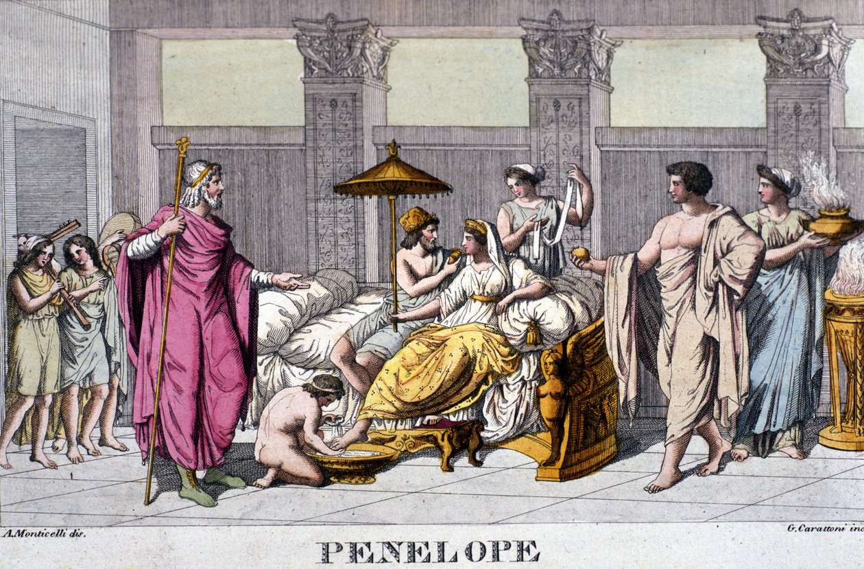 Penelope i sit palads. 1800-tals gravering. af Unknown artist