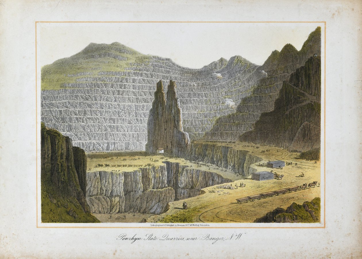 Penrhyn Slate Quarries, nær Bangor, Nordwales (håndkoloreret litografi på papir) af Unknown artist