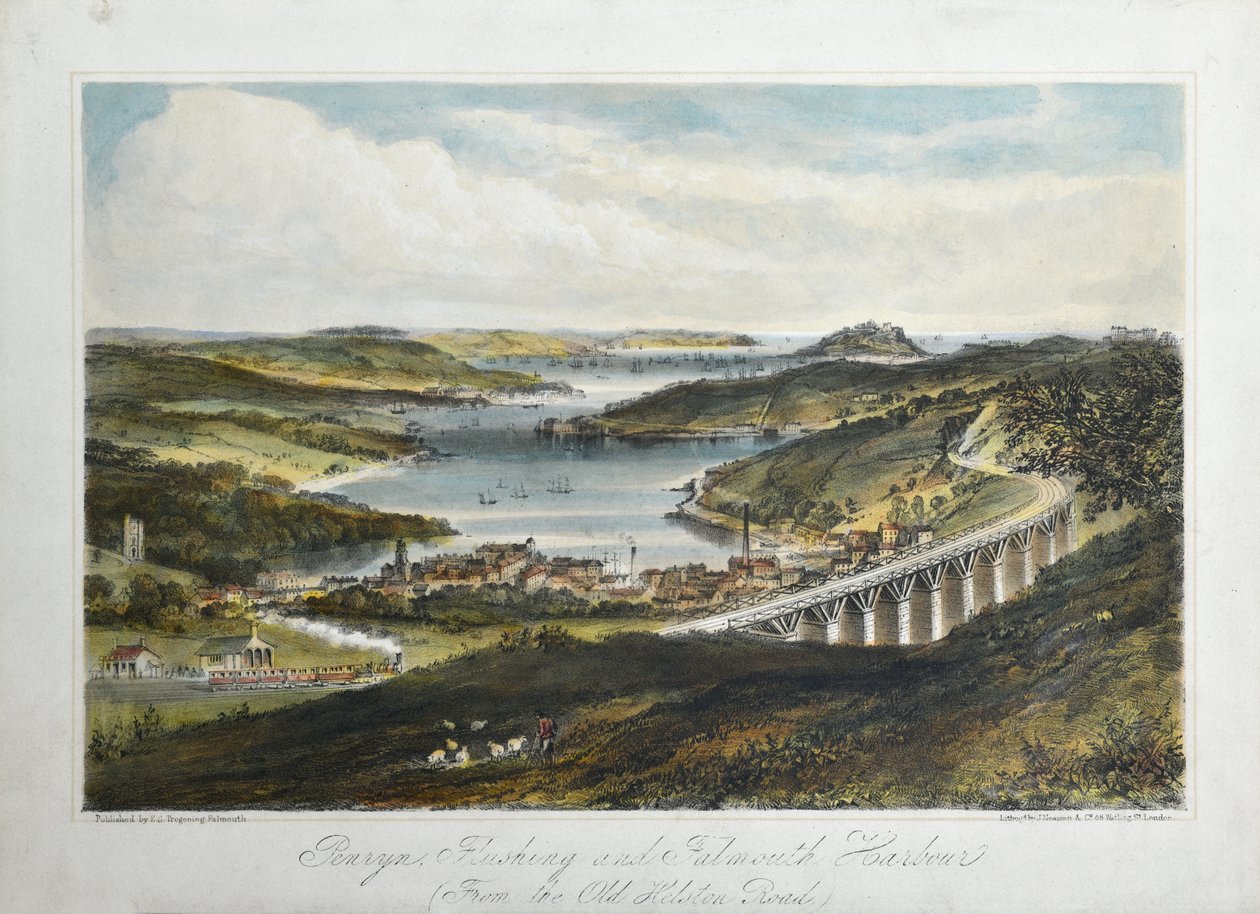Penryn, Flushing og Falmouth Havne (fra Old Helton Road), ca. 1860-80 (farvet litho på papir) af Unknown artist