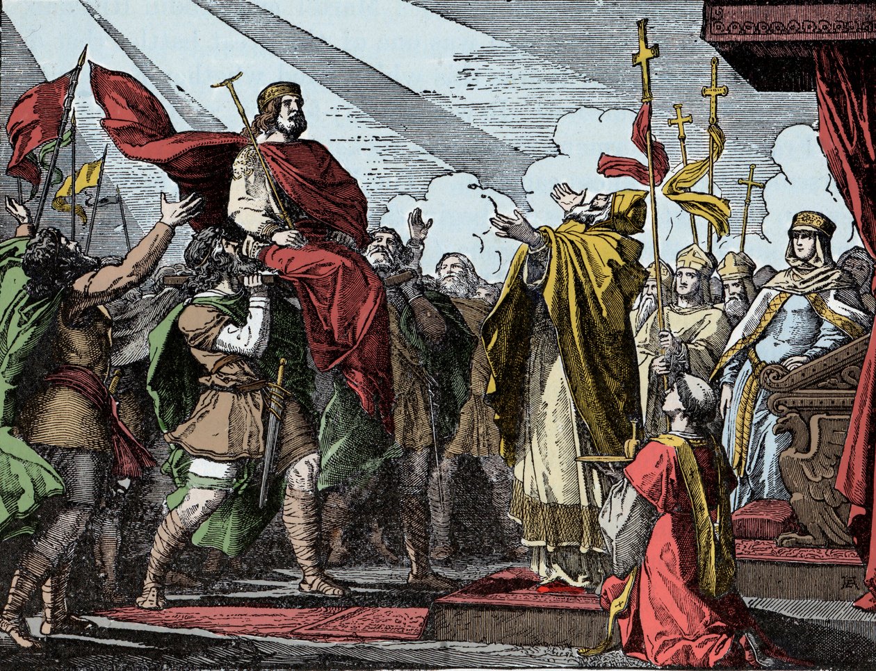 Pepin udråbt til frankernes konge - Sacre of Pepin the Brief (714-768), Basilica of Saint Denis, 28. juli 754: Pave Stephen II indviede ham til konge af frankerne og Patrice af romerne (Patricius Romanorum) af Unknown artist