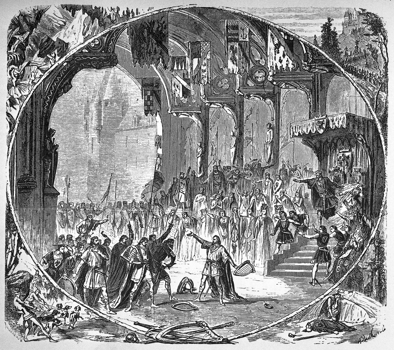 Opførelse af "" Tannhauser"" af Richard Wagner i Paris Opera i 1861. Anden akts sidste scene. Alphonse tegning af Neuville. af Unknown artist