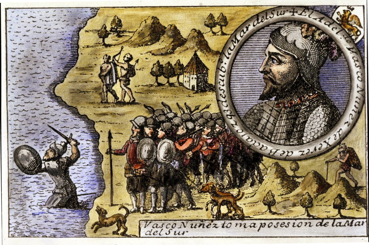 Opførelse af Vasco Nunez de Balboa (1475 - 1517), spansk navigatør, der var en af de første til at opdage Stillehavet ved at krydse Darien-strædet. Gravering af Unknown artist