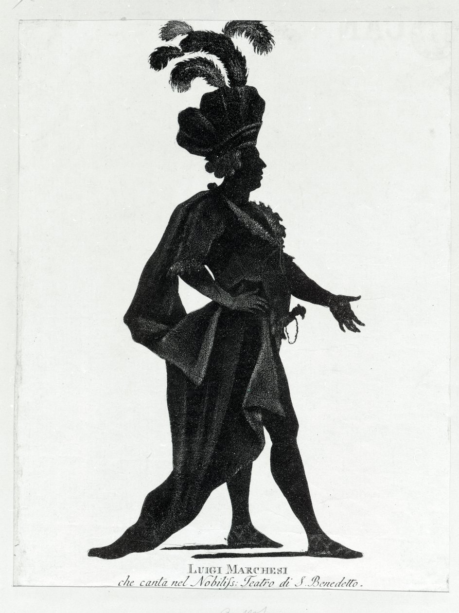 Opførelse af den italienske kastrat Luigi Marchesi (1754 - 1829) også kendt som Marchesini-sang på teatret i San Benedetto. af Unknown artist