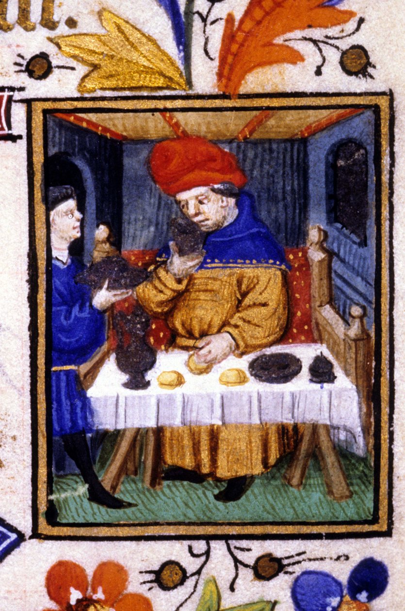 Januar måneds forestilling. En tjener sætter mad på sin herres bord. Miniature af et manuskript fra det 14. århundrede. af Unknown artist
