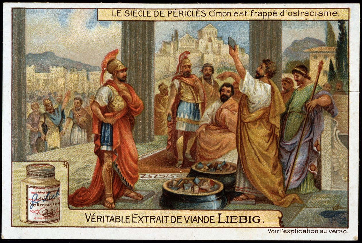 Perikles århundrede (495-429 f.Kr.): statsmand og strategi Cimon (510-449 f.Kr.) er ramt af udstødelse, i 461 f.Kr. - Liebig-kromolitografi af Unknown artist