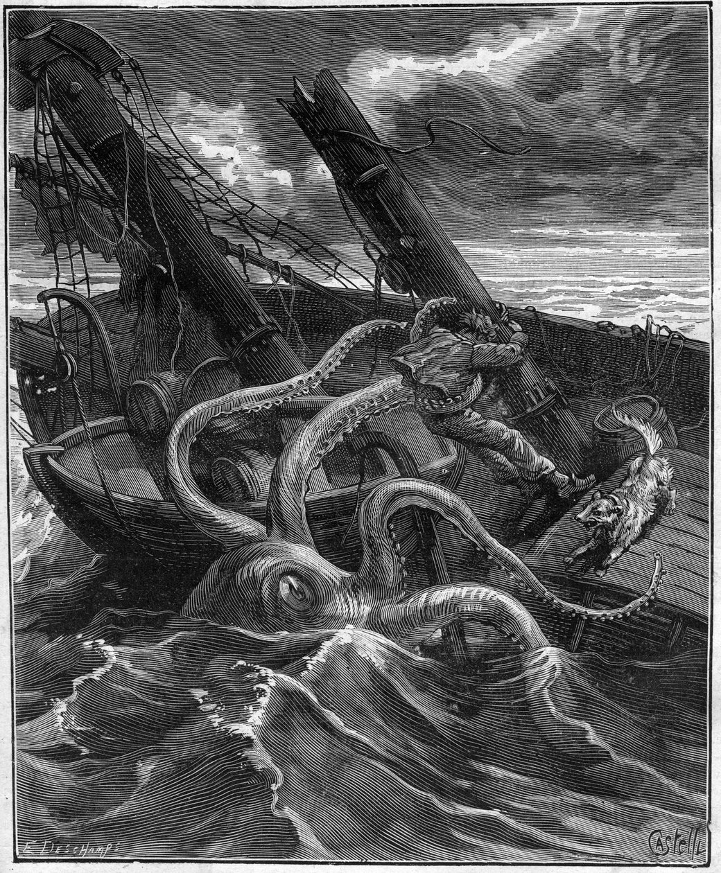 Perilleous Adventures Of Narcissus Nicaise In Congo - af Armand Dubarry 1836 -1910 - han havde foran sig et formidabelt havmonster (Giant octopus) (Giant octopus) - indgravering i Journal des voyage de 1881 - af Unknown artist