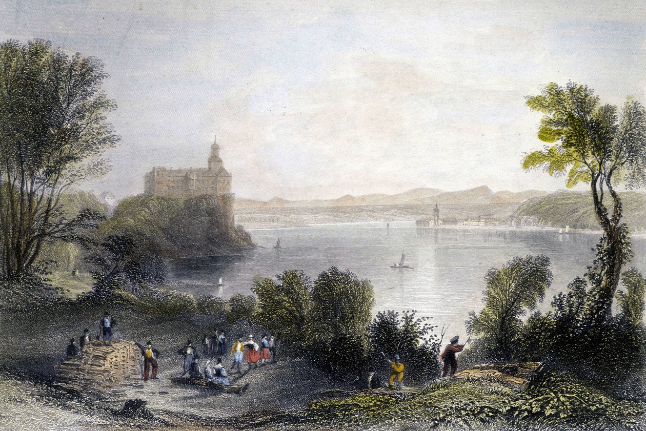 Persenberg Slot i Tyskland. I forgrunden træarbejderne på arbejde. Indgravering af det 19. århundrede. af Unknown artist