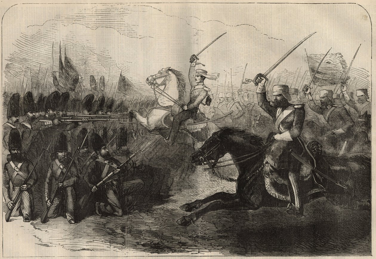 Persisk Anglo (anglo-persisk) krig (1856-1857): angrebet af det 3. britiske indo-kavaleri kommanderet af kaptajn Forbes under slaget ved Koosh-Ab (Koosh Ab, Kooshab) den 8. februar af Unknown artist