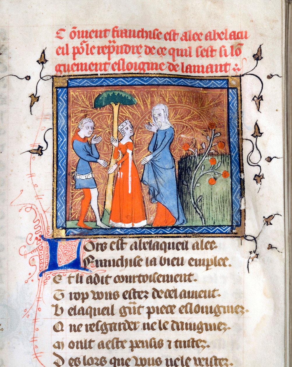 ""Karakterer i samtale"" Oplyst side fra manuskriptet ""Le Roman de la Rose"" af Guillaume de Lorris (omkring 1200-1238) og Jean de Meun (Meung) (1240-1305) omkring 1365 University of Chicago Library States Forenet af Unknown artist