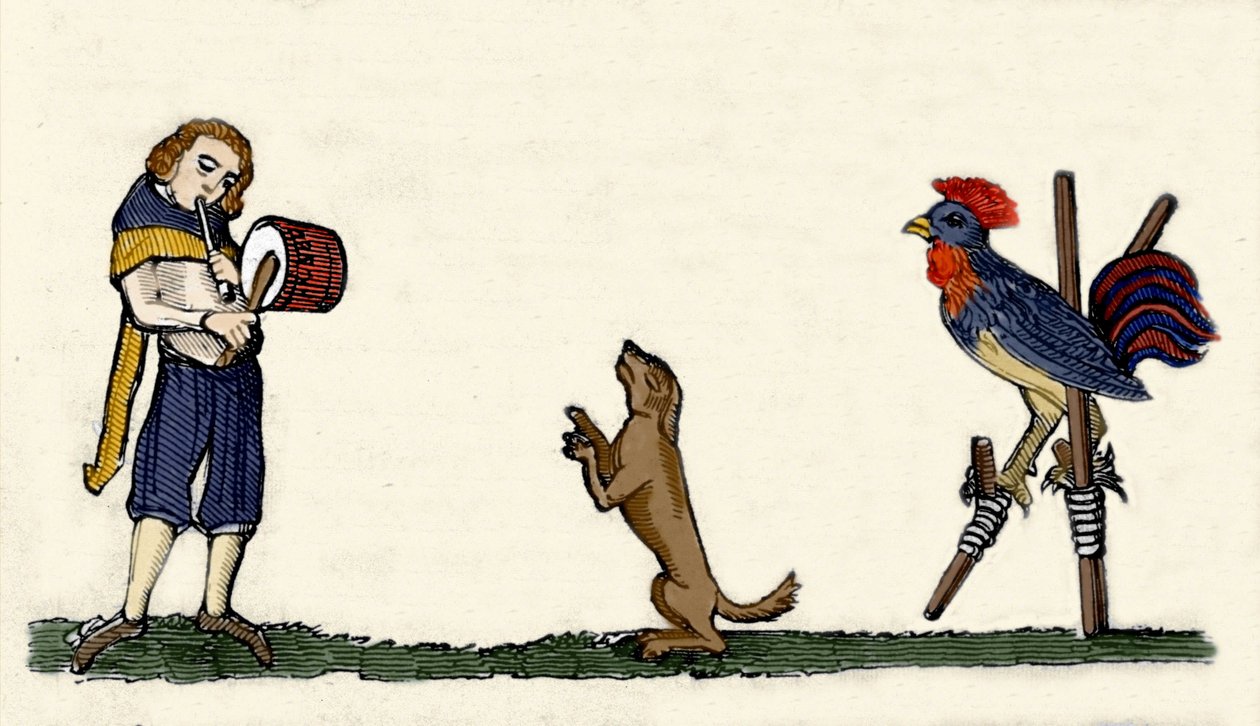 Kæledyr trænet: en hund og en hane danser på stillbilleder til trommens rytme. Gravering fra et manuskript fra 1344 fra Bodleian-biblioteket i Oxford. af Unknown artist