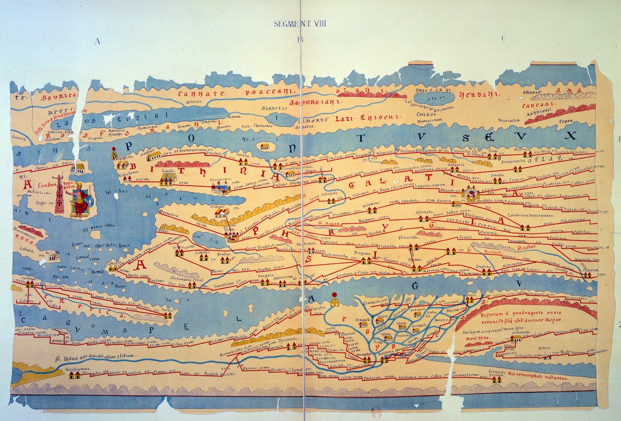 Peutinger bord, der repræsenterer de romerske måder i Egypten og Tyrkiet. Vejkort over det 13. århundrede baseret på et kort over Romerriget i det 3. århundrede. Paris, BN. af Unknown artist