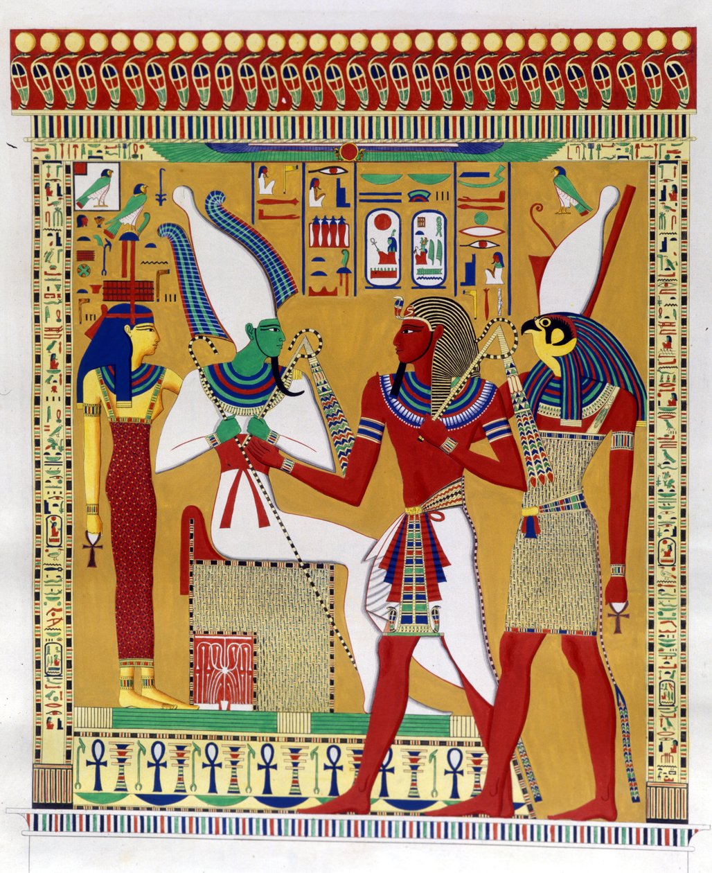 Farao Merenptah 1. (eller Mineptah, Merneptah) (1213-1204 f.Kr.) guidet af Horus i nærværelse af Osiris og Athyr infernal. Fra venstre: Athyr, Osiris, Merenptah I og Horus. (Biban-el-Moluk) - i "" Monuments of Egypt and Upper Nubia"" af Ippolito Rosel af Unknown artist