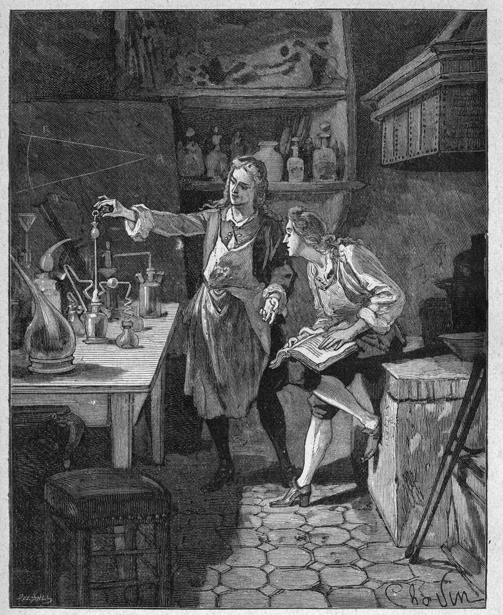 Philip II, hertug af Orleans (1674-1723) laver kemi med Humbert. Indgravering af det 19. århundrede. I "Histoire de France" af Jules Michelet af Unknown artist