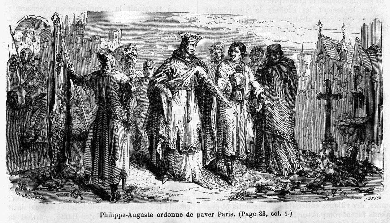Philippe Auguste beordrer at brolægge Paris i det 12. århundrede - gravering af Unknown artist