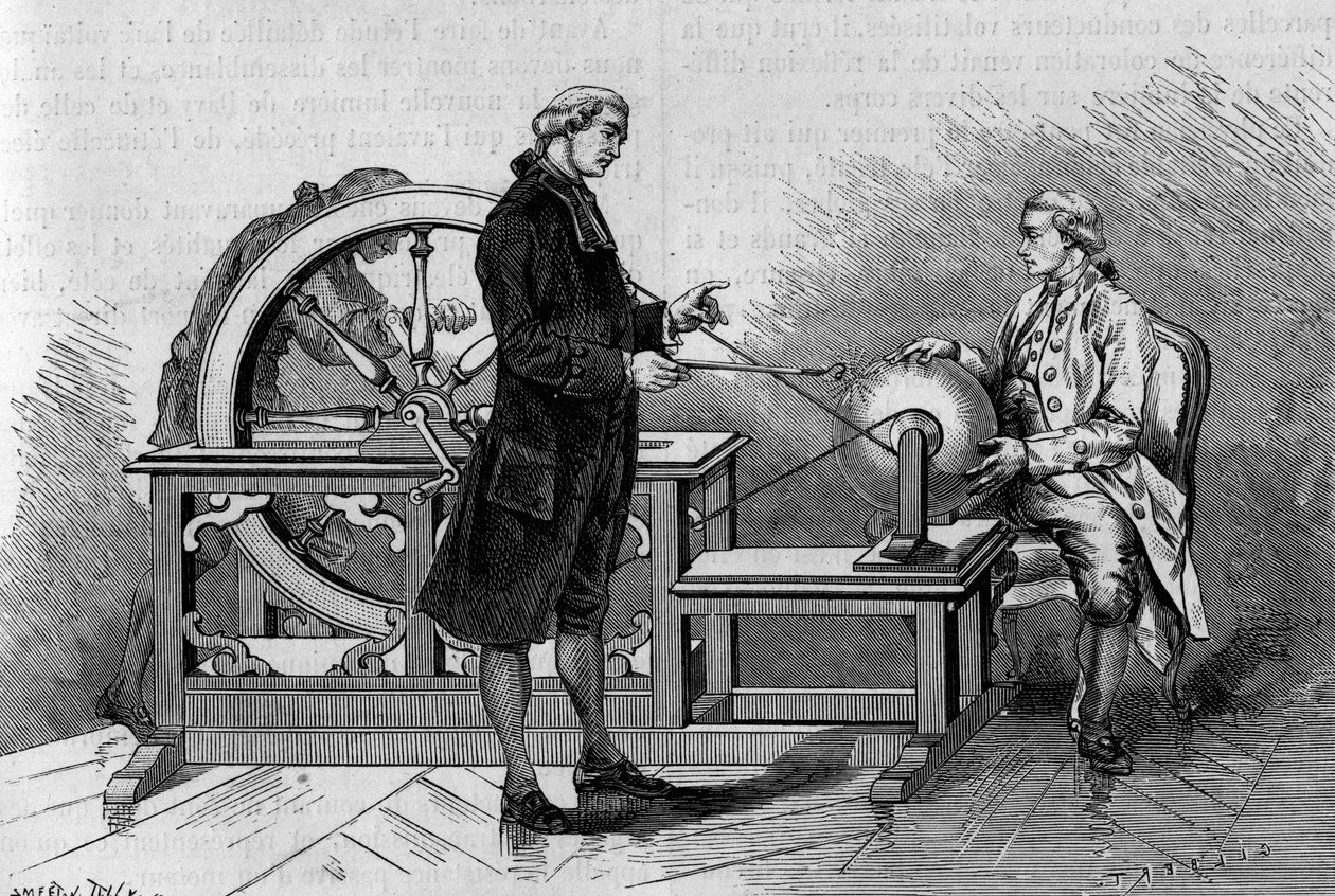 Fysik erfaring i det 18. århundrede: glød produceret af en elektrisk maskine. (Fra Abbe Nollet). Indgravering i "" La Nature: revue des sciences et de leurs applications aux arts et a l