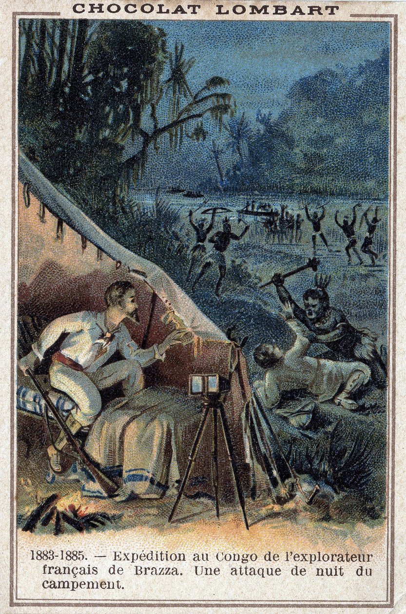 Pierre Savorgnan de Brazza (1852-1905), fransk opdagelsesrejsende, ved Congos bred. Et natangreb af lejren. af Unknown artist