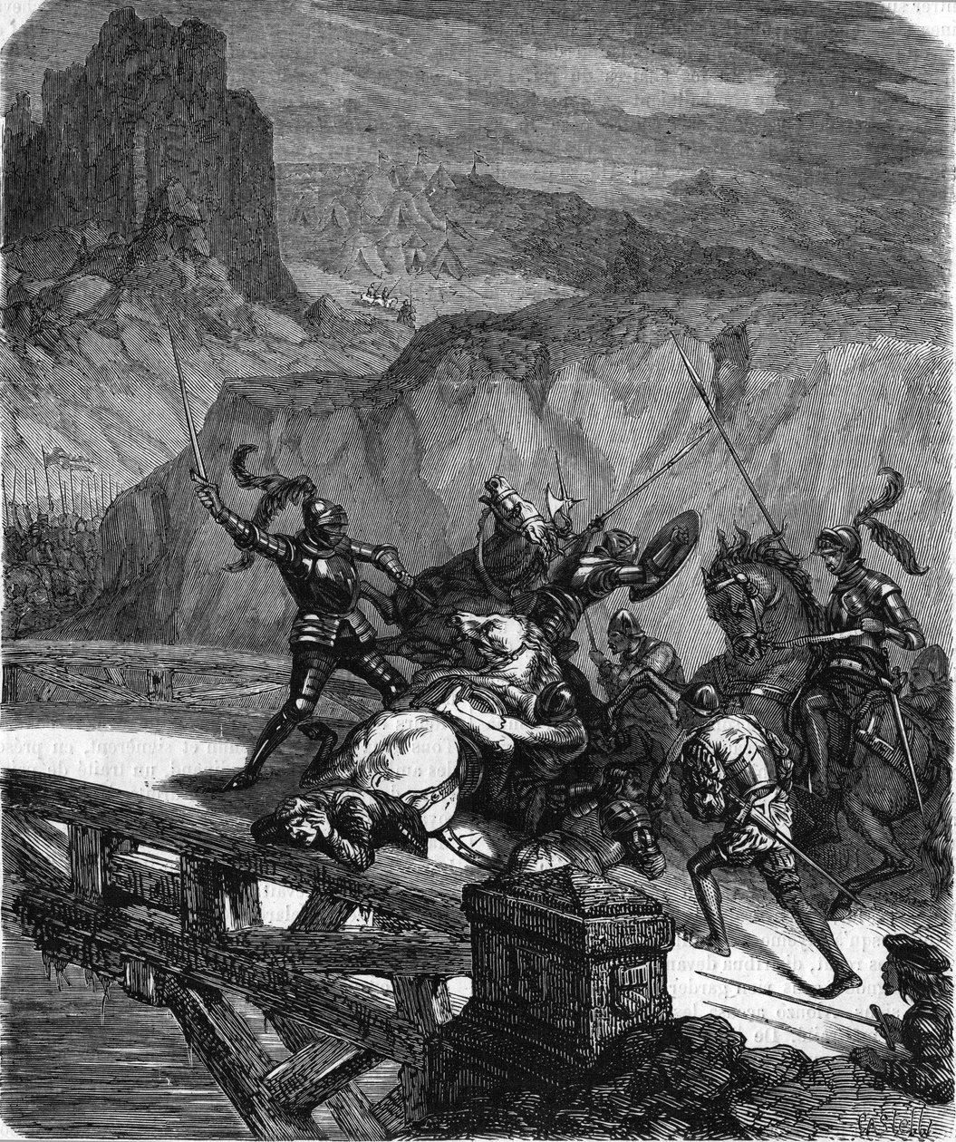 Pierre Terrail, herre af Bayard, forsvarer Garigliano-broen (Italien) i 1503. Indgravering af det 19. århundrede. af Unknown artist