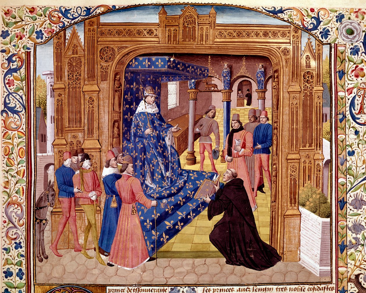 Pierre de Bressuire tilbyder sin bog til Johannes II den Gode på øen Cite i Paris Miniature fra "" Histoire romaine"" (Ad urbe condita) af Titus Live (59 f.Kr.-17 e.Kr.) (Titus Livius), oversat af Pierre Bressuire (ms. 310) 1450-1500 Chantilly, muse af Unknown artist