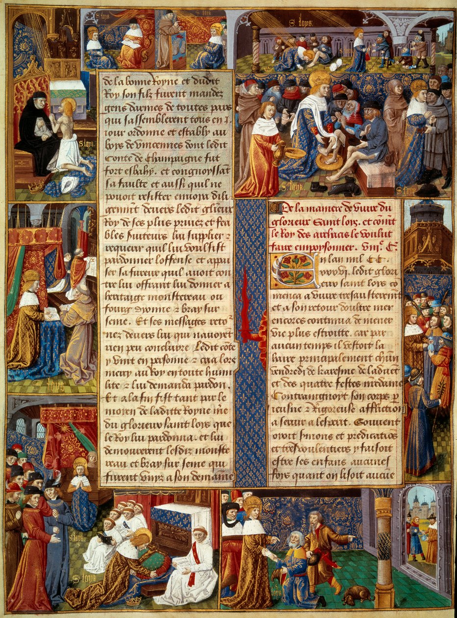 Piete-scene: "" Kong Ludvig IX (1214-1270) (Saint Louis) vasker de fattiges fødder, kongen beder og scener med kristen velgørenhed fra kongen"" Miniature fra et manuskript "" The Book of Facts of Monsignor Saint Louis”” 1400-tallet. Paris, B.N af Unknown artist