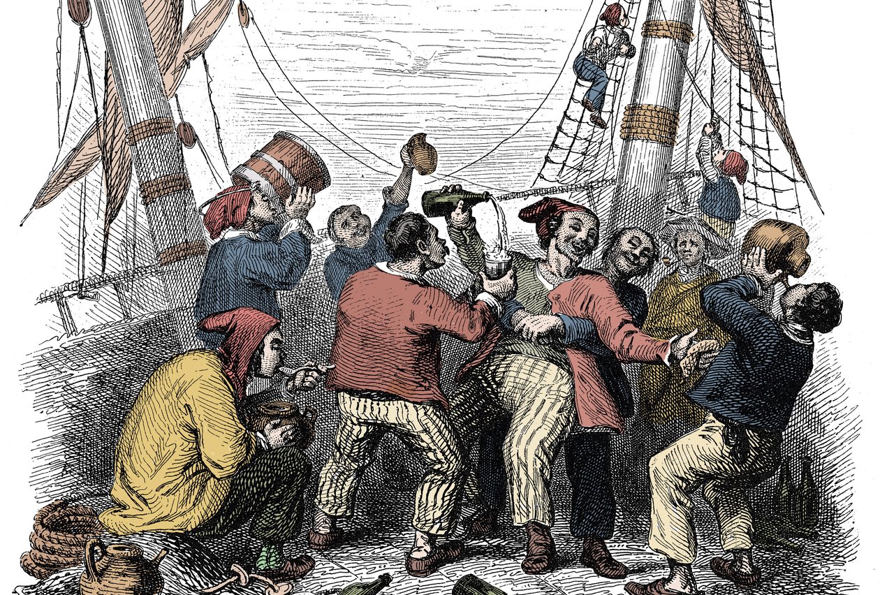 Pirater, der fejrer erobringen af et rigt bytte efter angrebet af et fjendtligt skib. Indgravering af det 19. århundrede af Unknown artist
