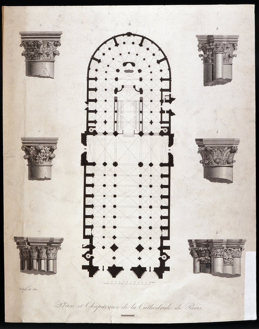 Plan og hovedstæder for katedralen Notre Dame (Notre-Dame) i Paris. 19. århundrede. af Unknown artist