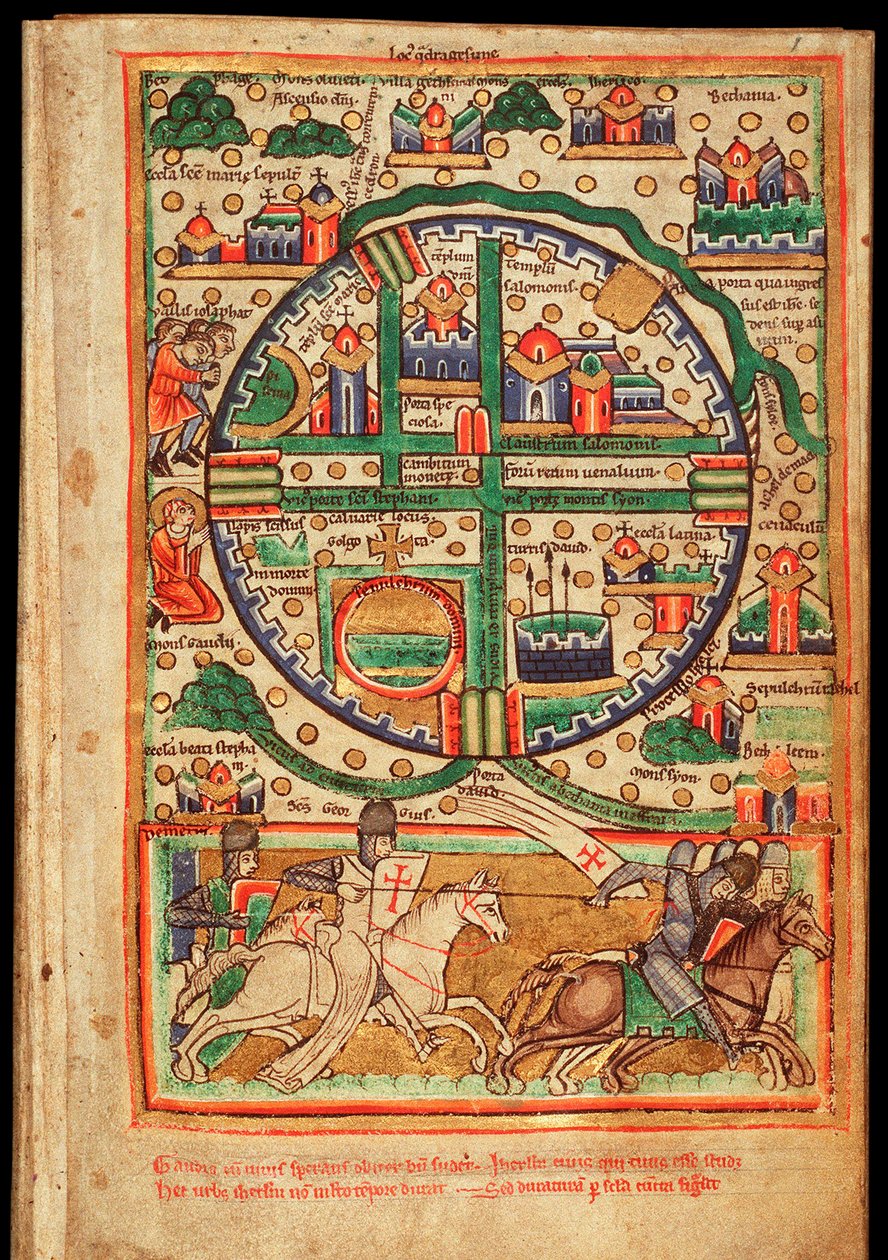 Plan over Jerusalem (Israel) - Akvarel på pergament, uddrag fra et manuskriptpsalter, omkring 1200 - Plan over Jerusalem, Salterfragment Akvarel på pergament, ca. 1200 - Koninklijke Bibliotheek, Haag af Unknown artist