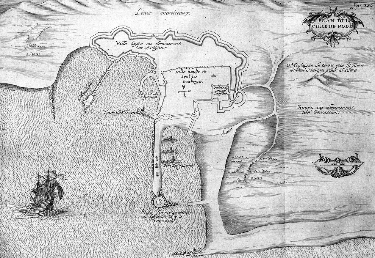 Plan over Rhodos (Rodos) - i "" Voyage de levant lavet på kommando af kongen i år 1621", redigeret i 1629 (under Ludvig XIII Le Justes regeringstid) af Unknown artist