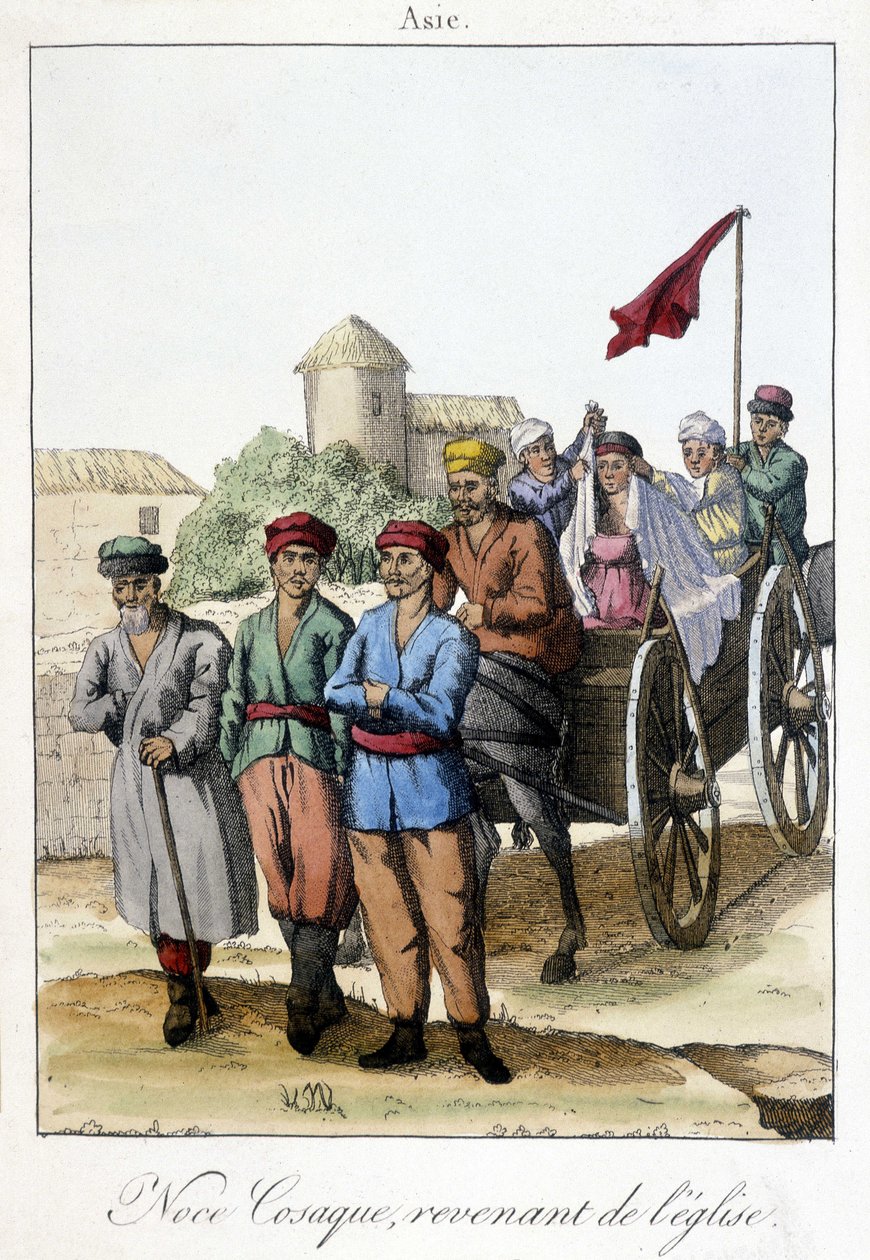 Tavle fra 1811, der illustrerer en gruppe kosakker, der vender tilbage fra kirken efter et bryllup. af Unknown artist