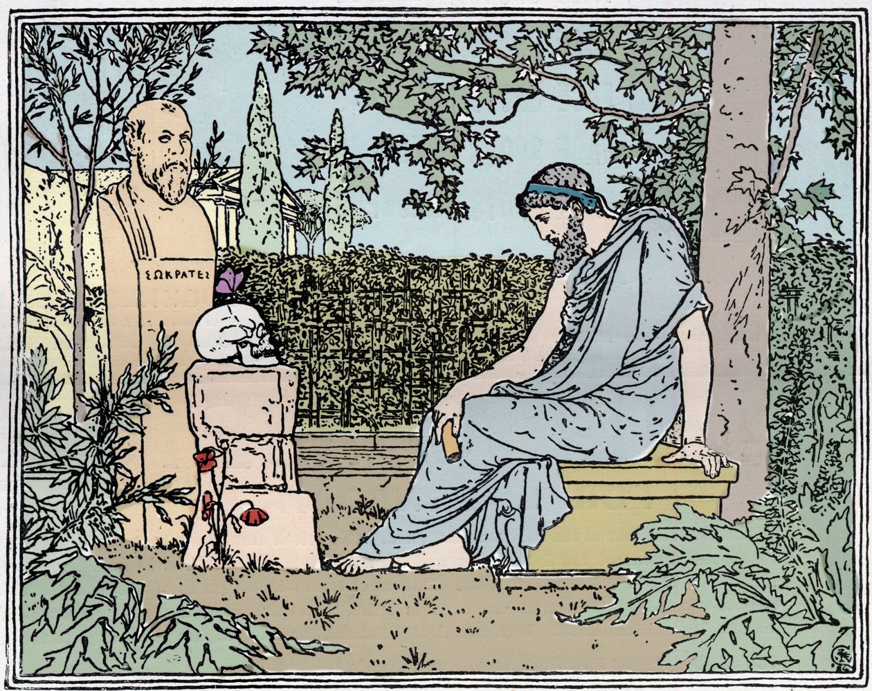 Platon mediterer over udødelighed før Sokrates, sommerfuglen, kraniet og valmuen omkring 400 f.Kr. - Platon mediterer over udødeligheden før Sokrates, en sommerfugl, et kranium og en valmue, gravering af det 19. århundrede omkring 400 f.Kr. af Unknown artist