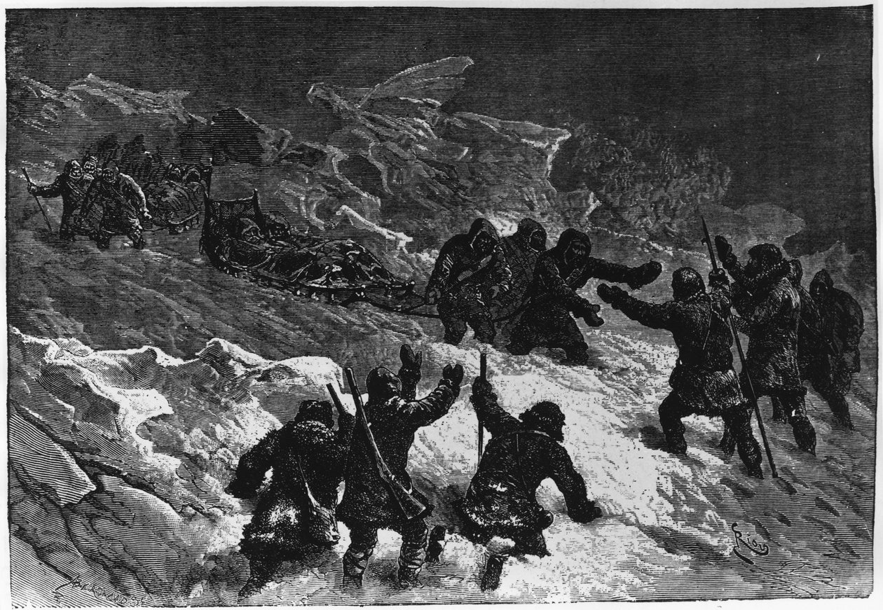 Nordpolen: Mødet mellem Markham Sleds - Nares Georges S., A Voyage to the Polar Sea, Paris: Hachette af Unknown artist