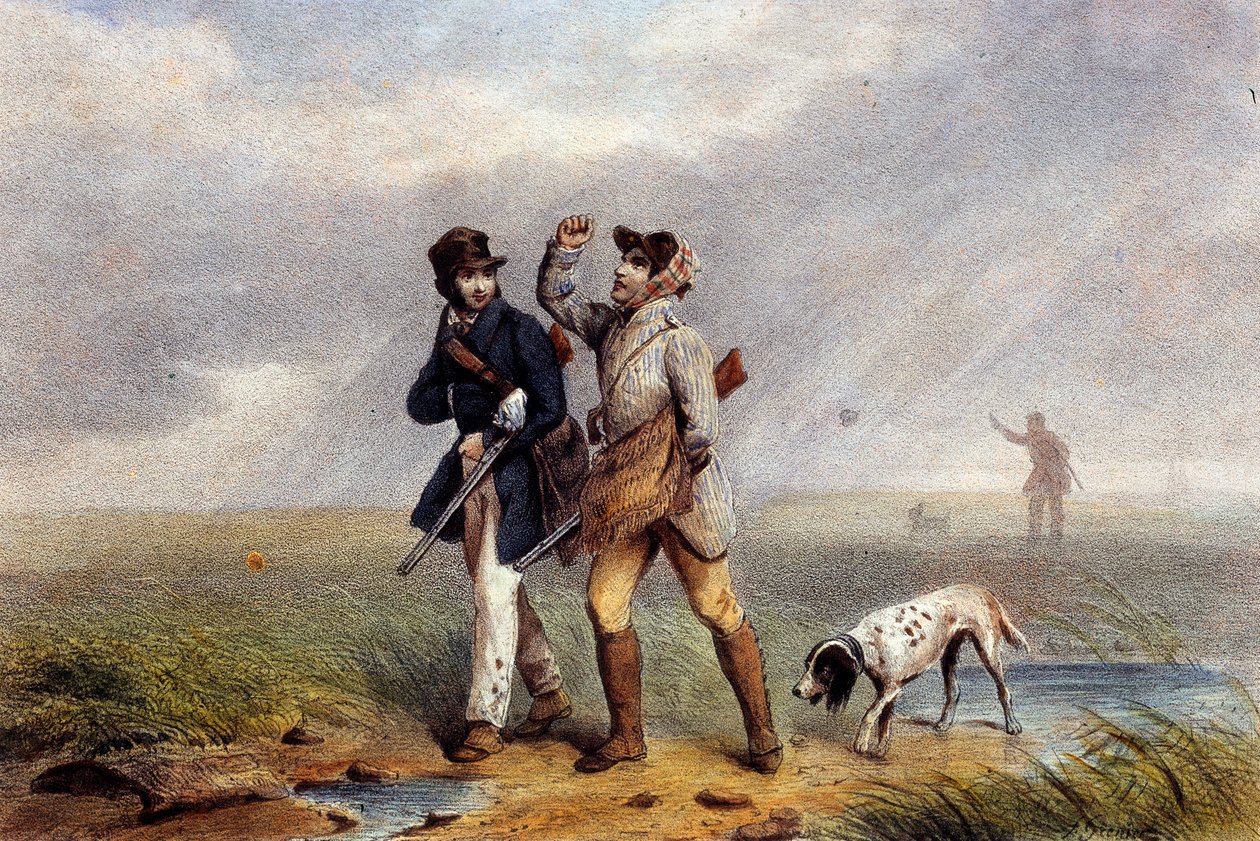 Behageligt jagtspil to jægere taler. Litografi af det 19. århundredes Gien, jagtmuseum af Unknown artist