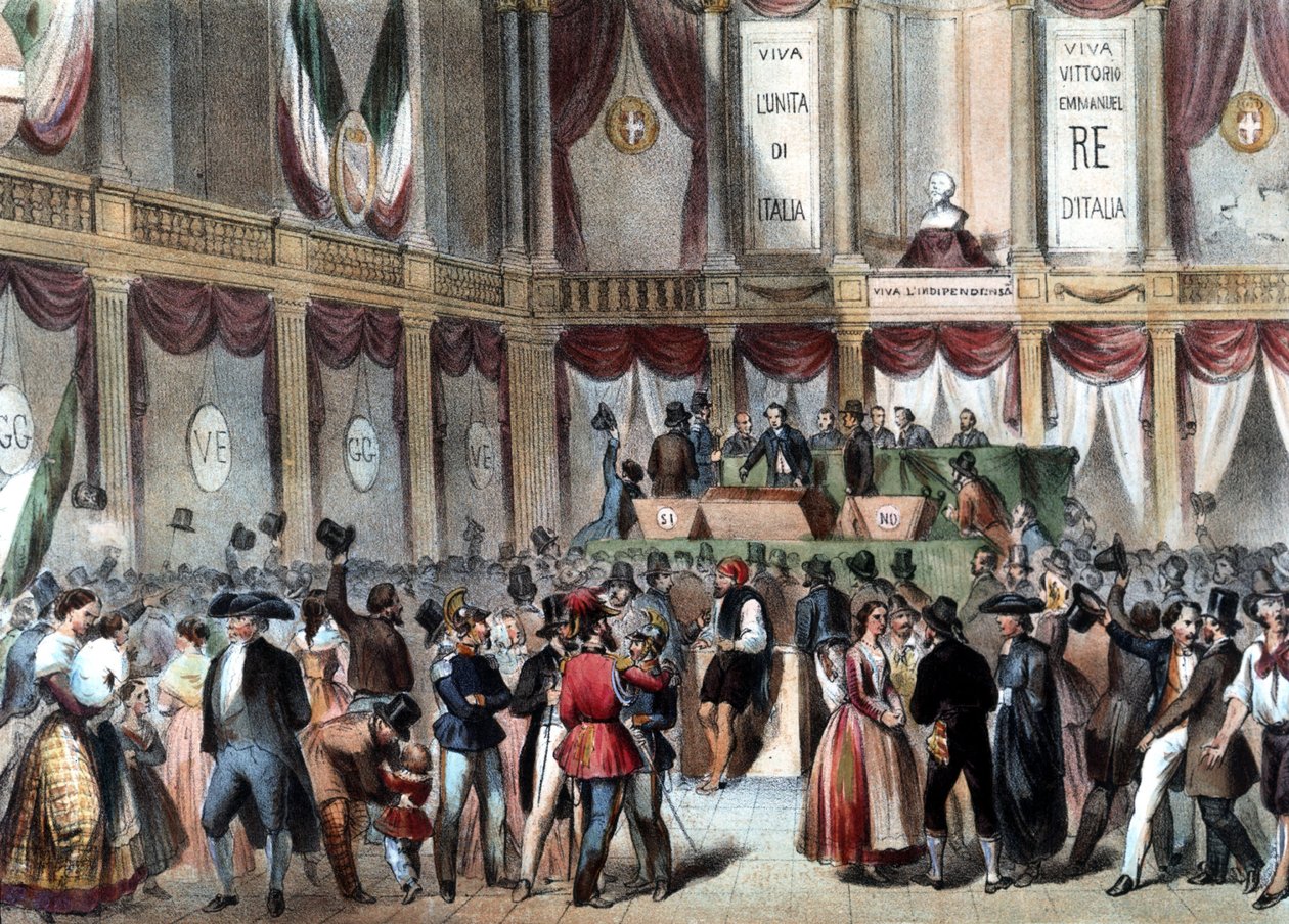 Folkeafstemning om annekteringen af kongeriget Napoli til Italien i 1860. I baggrunden: Viva Vittorio Emmanele (Victor Emmanuel) Re D