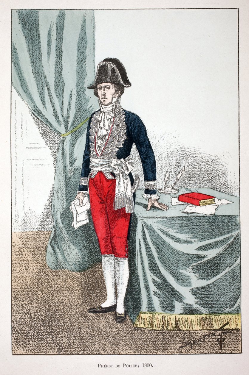 Politipræfekten (1800). Ætsning i farver, til illustration "" History of the corps of peacekeepers""" bog udgivet i regi af Louis Lepine (1846-1933), præfekt for politiet på Seinen, af Alfred Rey (1864-?) og Louis Feron (1862) -?), red af Unknown artist