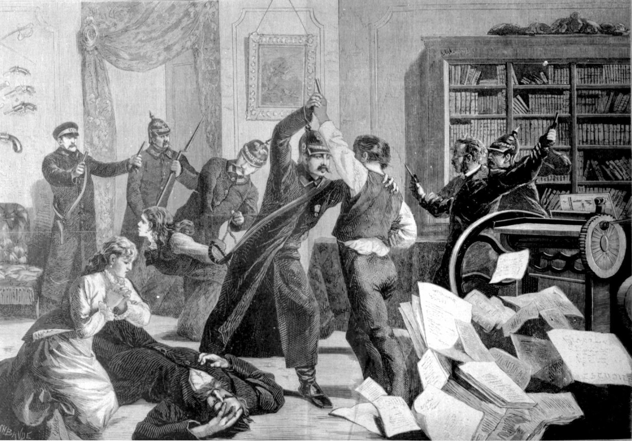 Politiet brød ind i et hus på Sapernaya Street (St. Petersborg), hvor den nihilistiske avis "The National Will"" er trykt hemmeligt. af Unknown artist