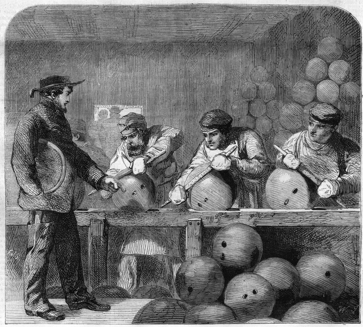 Polerværksted for bombestøberiet i Woolwich Arsenal, forstæder til London, England. Indgravering i ""Det illustere univers"" af Unknown artist
