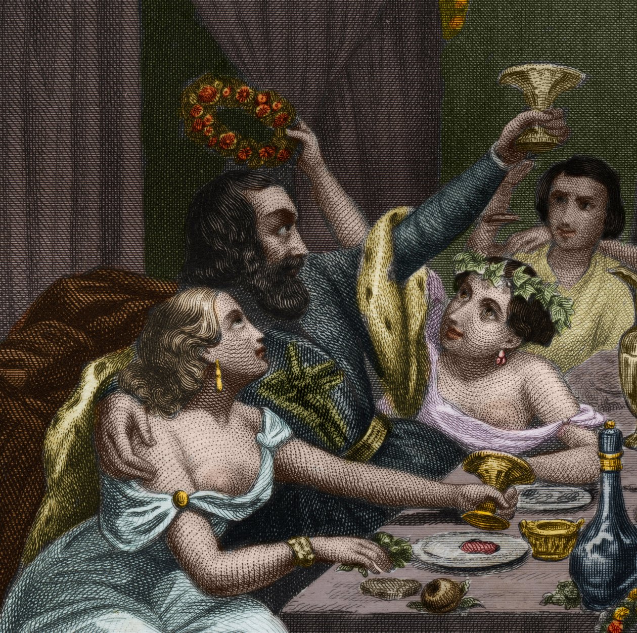 Pave Alexander VI (1431-1503) (Alessandro, Rodrigo Borgia) Rodrigue Borgia fejrer sin datter Lucrece Borgias (Lucrezia) bryllup med 50 kurtisaner i Vatikanet. Indgravering fra 1842 i "Histoire des popes: forbrydelser, mord, forgiftninger, parrici" af Unknown artist