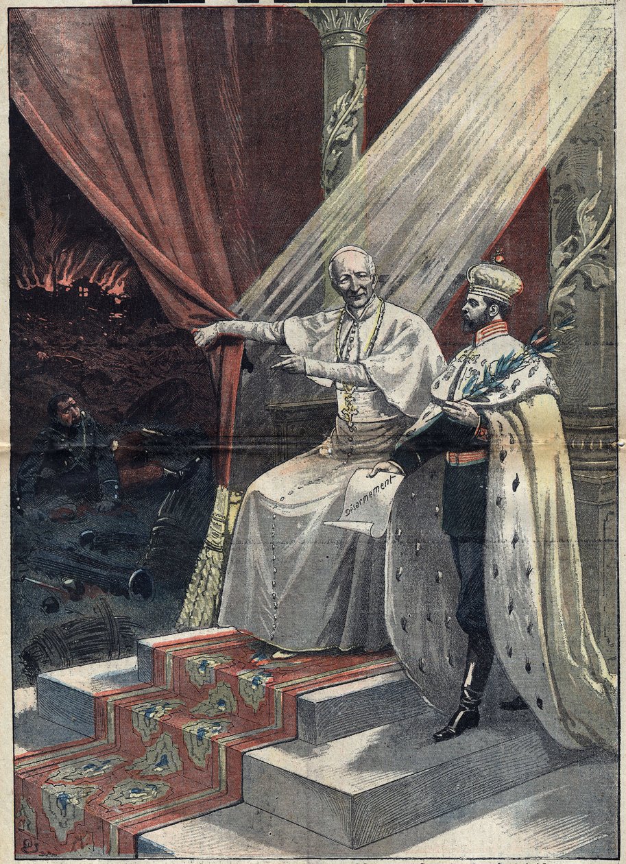 Pave Leon XIII (1810-1903) viser den russiske zar Nicholas II (1868-1918) krigens rædsler. Sidstnævnte foreslår så afvæbning. Illustration i "" Le Pelerin"" af 11. september af Unknown artist